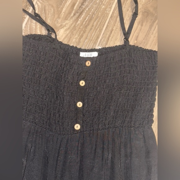 AUW SMOCKED BODICE BLACK FLARE HEM MAXI DRESS BOHO CHIC LARGE - Picture 14 of 15